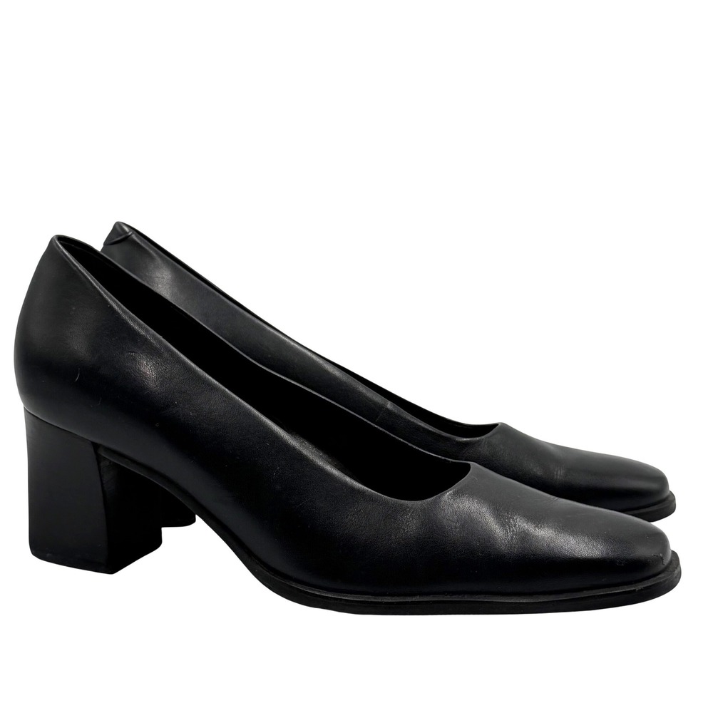 Rockport Womens Black Leather Block Heel Pumps 8.5N Square Toe Career Classic